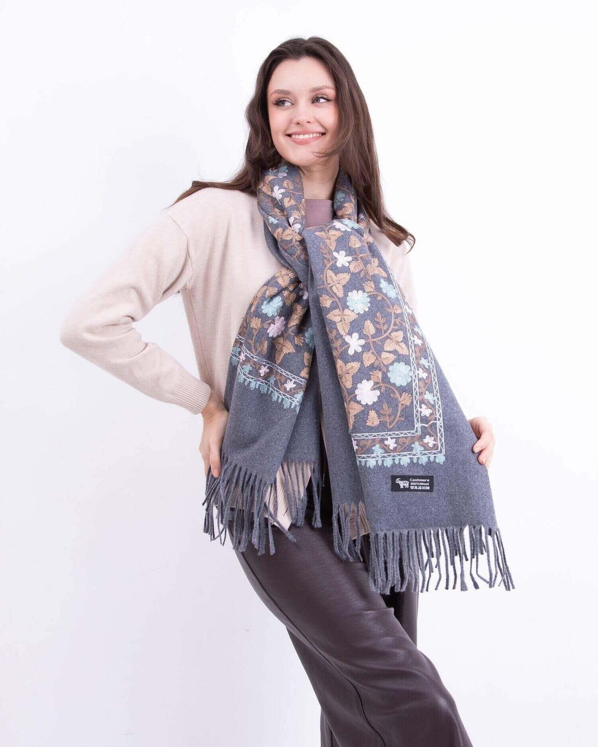 Embroidered cashmere scarf